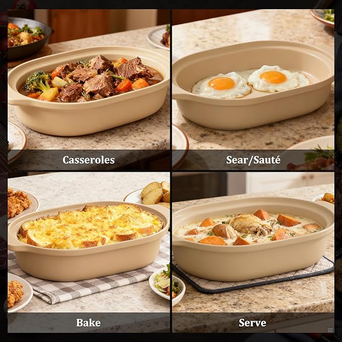 MAGNIFIQUE Casserole Dishes for Oven, 9x12 Porcelain Baking Dish, 4 Quarts Lasagna Pan with Handles and Lid, Oven Safe up to 500°F or on Stovetop, Use to Marinate, Cook, Bake, and Serve, Brown
