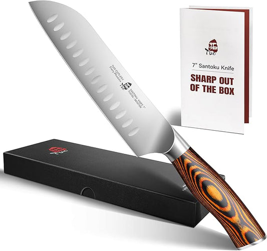 TUO Santoku Knife, 7 inch Japanese Chef Knife for Vegetable Chopping & Meat Dicing, High Carbon German Steel, Ergonomic Handle - Fiery Phoenix Series