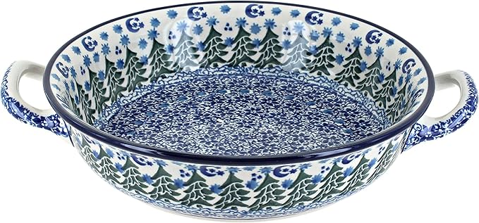 Blue Rose Polish Pottery - Blue Evergreen Magic Small Round Casserole with Handles - 8.25" Diameter - Unique, Dishwasher Safe, & Durable Bakeware