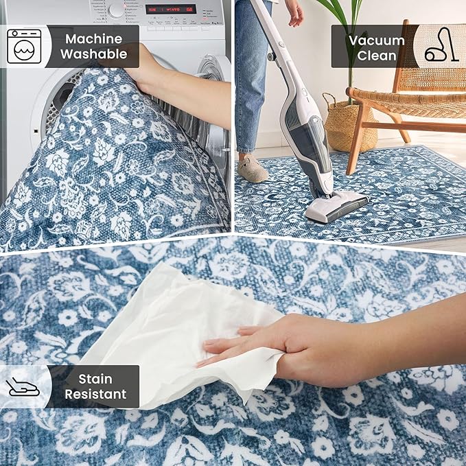 Vintage 2x8 Hallway Runner Rug, Blue and White Washable Rug, Non-Slip Super Soft Kitchen Runner Rug, Print Faux Wool Floral Thin Carpet for Entryway Bedside