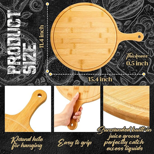 Nuenen 10 Pcs Round Wood Cutting Board with Handle Bamboo Wooden Serving Kitchen Chopping Boards for Pizza, Bread, Cheese, Charcuterie, Fruit, Vegetables(Bamboo)