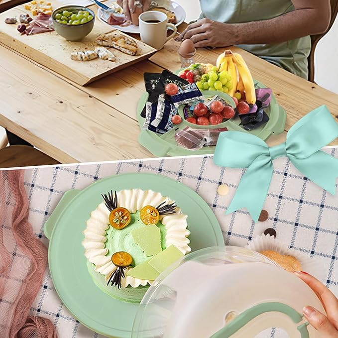 Green Plastic Cake Carrier with Lid and Handle, 4 in 1 Multipurpose Cupcake Holder Stand for 11 '' Cake, Round Portable Dessert Storage Container Box with Cover for Pie Pizza Eggs Fruit Snack
