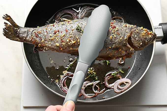 2 Pack Warm Grey Kitchen Tongs, Premium Silicone BPA Free Non-Stick Stainless Steel BBQ Cooking Grilling Locking Food Tongs, 9-Inch & 12-Inch