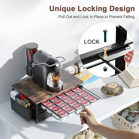 K Cup Holder, Coffee Pod Holder with 2 Tier Sliding Storage Drawer and 1 Hanging Basket for 51 Large or 73 Small Capsule,K Cup Coffee Station Organizer Accessories for Counter,Home,Office,Kitchen