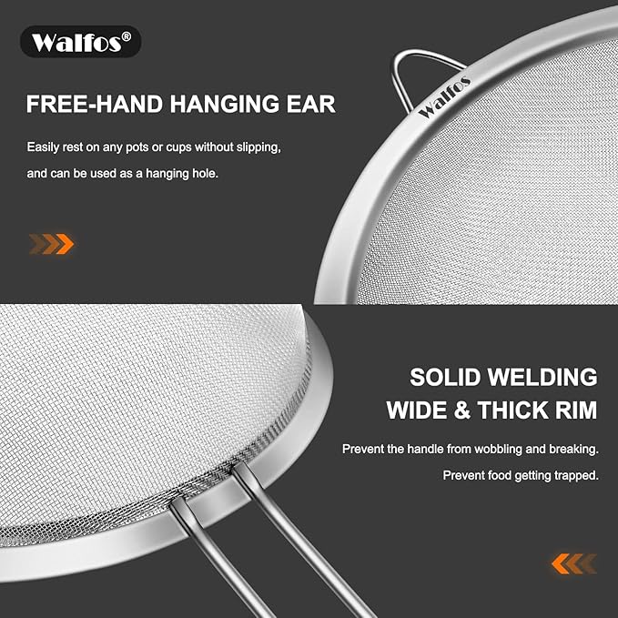 Walfos 6.3 Inch Fine Mesh Strainer, Premium Stainless Steel Sieve and Sifter with Handle, Kitchen Metal Strainers for Rice, Quinoa, Fruits, Noodles, Flour