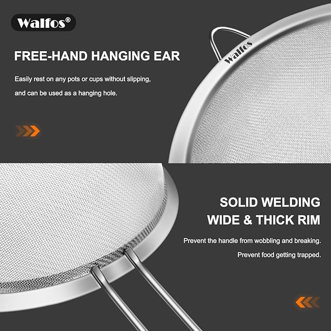 Walfos 9.35 Inch Large Fine Mesh Strainer, Stainless Steel 30 Mesh Sieve with Sturdy Handle, Kitchen Food Strainers Sifters for Rice, Quinoa, Pasta, Fruits, Vegetables, etc.