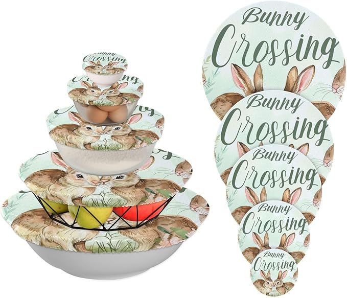 5 Pcs Bowl Covers Reusable in 5 Size Elastic Food Cover Cloth Lids Fresh Keeping Dish Cookware Bakeware Fabric Covers Lids for Food Leftovers Fruits Storage Easter Bunny Flowers Plant