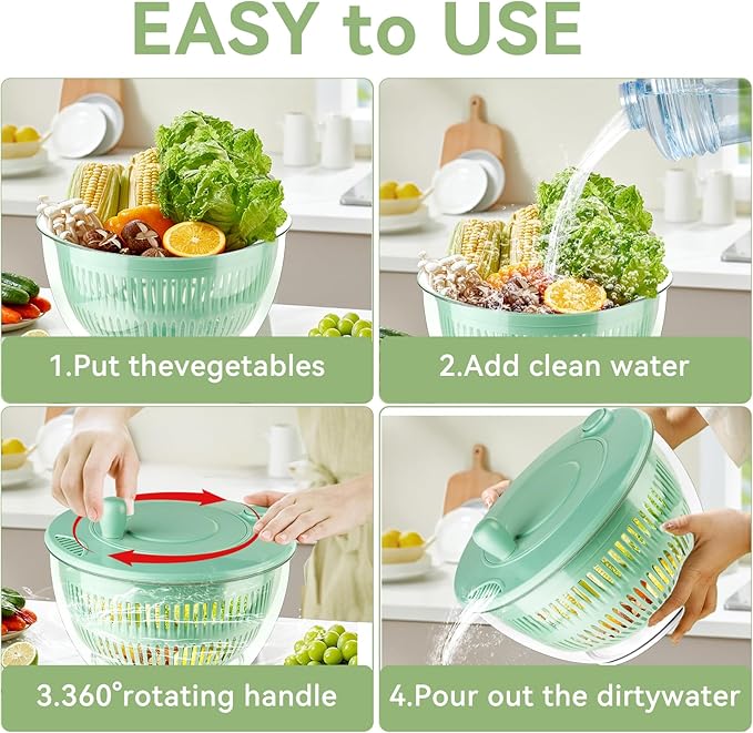 YUANYE Salad Spinner Large, 3 IN 1 Vegetable and Fruit Washing Bowl with Strainer, Lettuce Spinner with 5 Blades Slicer, Egg Yolk Strainer, Salad Bowl for Efficient Salad Preparation, 5.3 Qt