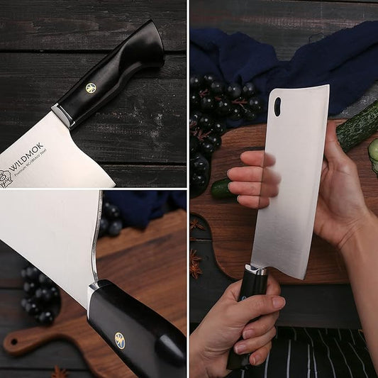 WILDMOK Chopping Knife, 7.3 Inch Meat Cleaver Knife, Thickened Blade for Bones Chopper, 9Cr18MoV Stainless Steel with Ebony Wood Handle - Fen Series