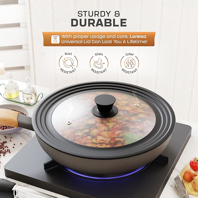 Universal Lid for Pots, Pans & Skillets Size 12", 12.5", 13", 13.5", 14" & 15" Cookwares -Tempered Glass with Silicon Rim-Black