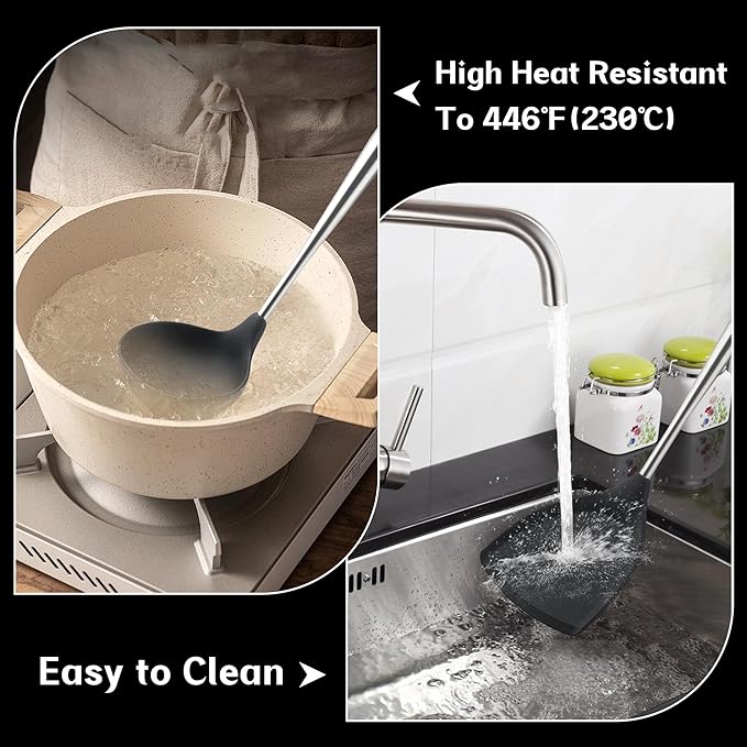 FJNATINH Silicone Spatula and Ladle Set - Stainless Steel Non Stick Heat-Resistant Kitchen Utensils BPA Free Cooking Utensils Cookware Wooden Handle, Pack of 2