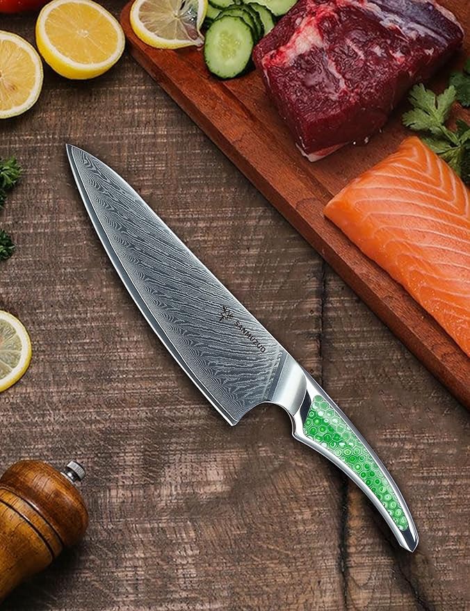 8 inch Chef Knife, Japanese VG-10 Damascus Steel Kitchen Knife, Ultra Sharp Cooking Knife with Full-tang Handle in Green Resin, LA-S9 Series