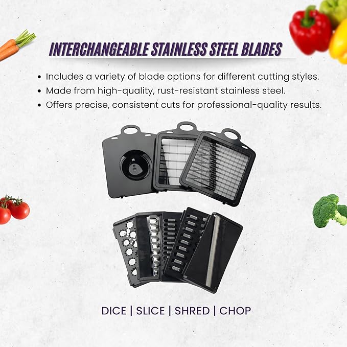 Vegetable Chopper, 14 Piece set, Dicing Blades, Slicing Blades, Lattice Blade, Shredding Blades, Egg Seperator, Garlic Grinder, Brush, Drain Basket, Finger Guard, kitchen tool