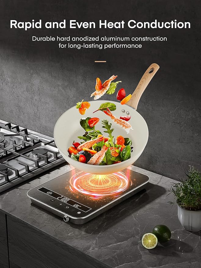 FOHERE Pots and Pans Set with Lids 15 PCS, Aluminum Nonstick Induction Cookware Sets, with Frying Pans, Saucepans, Stock Pot, Pizza Pan, Griddle Pan, and Food Steamer, Silicone Food Strainer, White