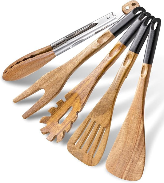 Wood Cooking Utensils Set, 5 PCS Wooden Spoons for Cooking Includes Stainless/Wood Kitchen Tongs, Non-Stick Wooden Utensil Set with Innovative Finger Groove & Non-Slip Notch Design, Black