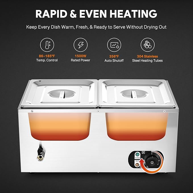 WILPREP Single-Well Commercial Food Warmer with Two 1/2 Pans, Electric Warmer for Food with Adjustable Temp. & Automatic Shutoff, Stainless Steel Food Heating Unit for Buffet Food Truck Hotel Catering