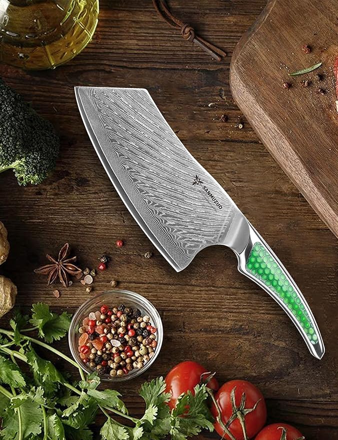 7 inch Nakiri Knife, Japanese VG-10 Damascus Steel Meat Cleaver, Ultra Sharp Vegetable Knife with Full-tang Handle in Green Resin, LA-S9 Series