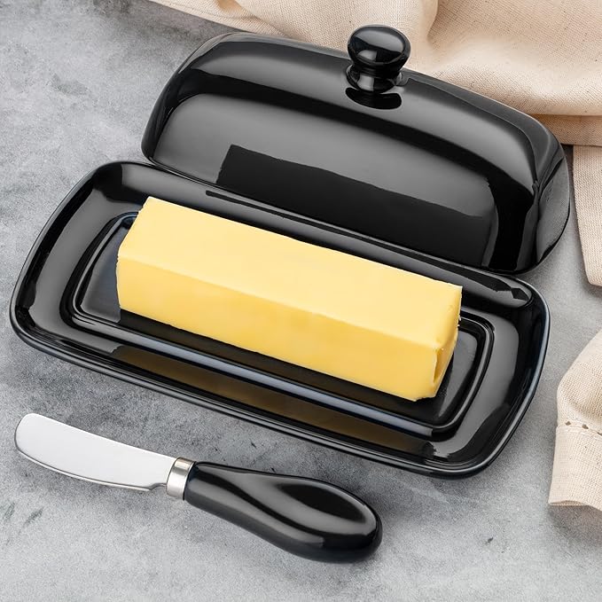 Zulay Butter Dish With Lid For Countertop - Porcelain White, Ceramic Butter Dish with Knob Handle Great for Cooking - Elegant Design Butter Holder - Durable & Sturdy Butter Keeper - Black