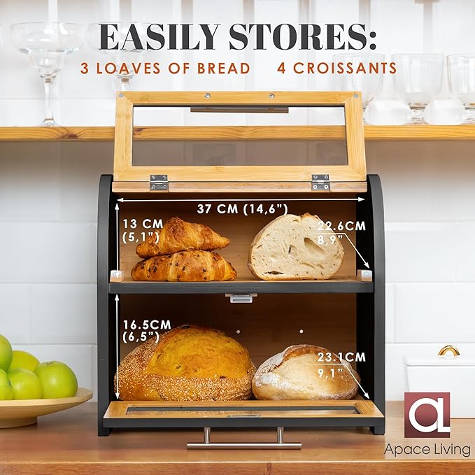 Arise Stylish Bamboo Bread Box for Kitchen Countertop, Extra Large 2-Shelf Wooden Bread Storage Container with Clear Windows and Air Vents Keep Bread, Bagels and Rolls Fresh, Self Assembly