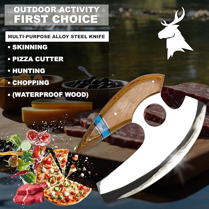 Ulu Knife – Alaskan Mezzaluna Rocker Chopper for Pizza, Meat, Salad, Vegetables – Ergonomic Wooden Handle – Multipurpose Kitchen Cutter Gift