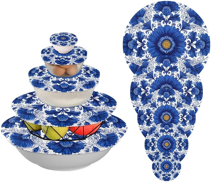 5 Pcs Bowl Covers Reusable in 5 Size Elastic Food Cover Cloth Lids Fresh Keeping Dish Cookware Bakeware Fabric Covers Lids for Food Leftovers Fruits Storage Blue and White Sunflowers
