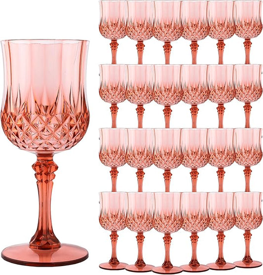 Plastic Wine Glasses,Plastic Goblets Vintage Style Cordial Drinking Glasses for Wedding Reception, Grand Event Party Supplies (24, Rose Gold)
