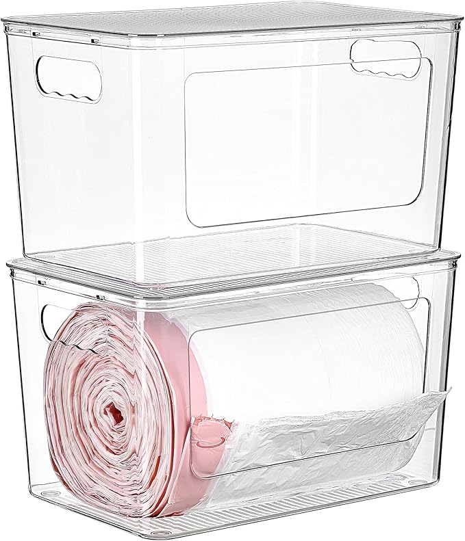 Vtopmart 2 Pack Trash Bag Holder, Stackable Garbage Bag Dispenser for 13/30/33 Gallon Bags, Clear Organizer Bins for Under Kitchen Sink, Laundry Room Organization and Storage