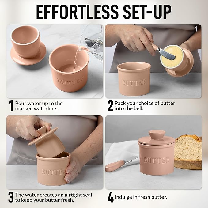 Zulay Kitchen Butter Crock With Lid & Spreader Knife for Countertop - Ceramic French Butter Dish Keeper For Fresh & Spreadable Butter - Peach