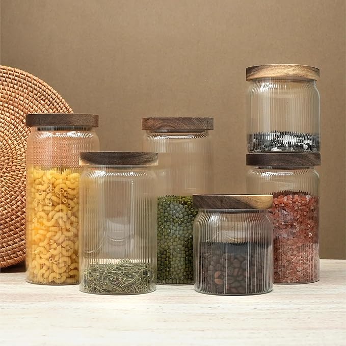 Ribbed Glass Storage Jars Set of 2 – Airtight Food Canisters with Wooden Lids, Stackable Kitchen Organizers for Coffee, Tea, Spices & Dry Goods (8.5oz)