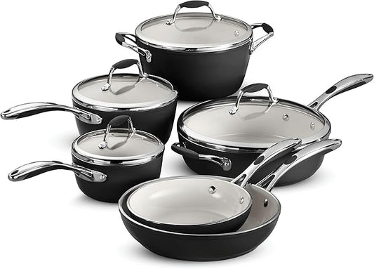 Tramontina 80110/525DS Gourmet Ceramica Deluxe Cookware Set, Non Stick Ceramic Interior, 10-Piece, Metallic Black, Made in Italy