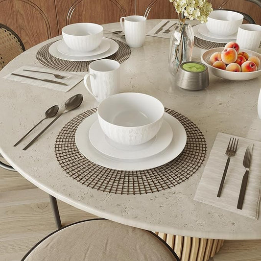 Yoshy 16-Piece White Embossed Mesh Bone China Dinnerware with Lightweight Durable Chip Resistant Design Service for 4