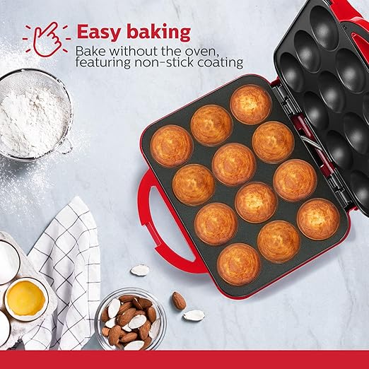 Holstein Housewares Non-Stick 12-Count Electric Cupcake Maker Machine – Bakes 12 Cupcakes, Muffins, Pizza Cups, Cinnamon Buns – Perfect for Gifts, Birthdays, Holidays, or Bake Sales, Red
