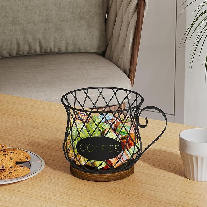 YINMIT K Cup Holder Organizer, Rustic Coffee Pod Holder Organizer, 35 Kcup Holder for Counter with Handle,Large Capacity Black Wire Coffee Capsule Basket for Kitchen Office Desktop (Circular Grid)