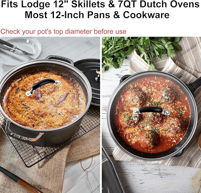 12 Inch Tempered Glass Lid for Lodge 12" Cast Iron Skillets & 7QT Dutch Ovens - Pre-Assembled Riveted Handle with Heat-Resistant Silicone Cover,Steam Vent Hole Design
