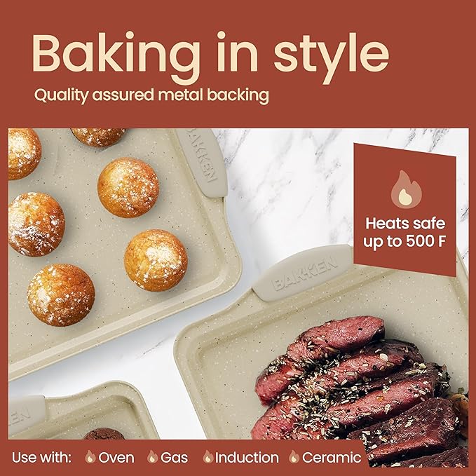 6-Piece Deluxe Nonstick Baking Pan Set - Professional Grade Carbon Steel Bakeware with White Marble Coating & Silicone Handles