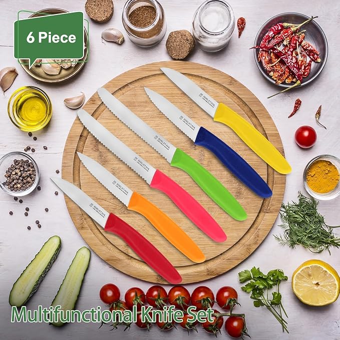 Paring Knife Set 6PCS, Ultra Sharp Kitchen Knives, Cutting & Peeling Knives, Kitchen Knives for Home Essentials, PP Plastic Handle-Multicolored