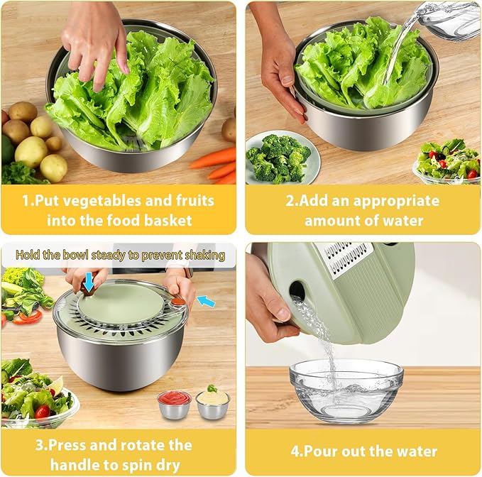 Stainless Steel Salad Spinner Large, Salad Washer Spinner and Dryer, Lettuce Cleaner Spinner, Vegetable Dryer, Fruit Washer with Dipping Saucers and Clip Dishwasher Safe, 5.3Qt