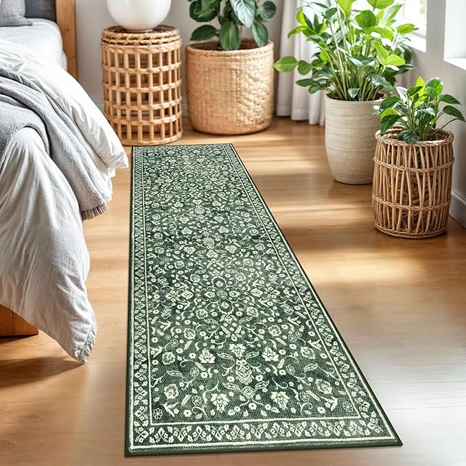 Vintage 2x7 Runner Rug, Forest Green Washable Runners for hallways, Super Soft Kitchen Runner Rug Non Slip, Print Faux Wool Floral Thin Carpet Runner for Entryway Indoor Bedside Runner