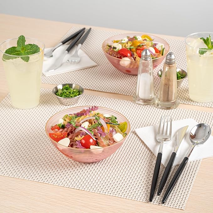 Restaurantware Plastic Bowls 20 Pcs 16 oz Gold Rimmed Disposable Soup Bowls Heavy-Duty Pink Translucent Rippled Dinnerware Containers for Party, Desserts, Salads, Snacks, and Catering