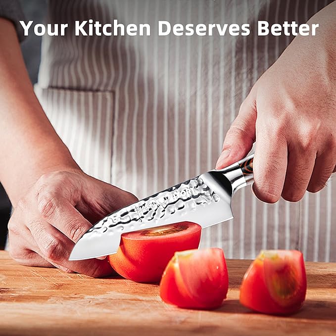 5.5" Santoku Knife, Pro Chefs Kitchen Knives, HC Stainless Steel, Hammered Ultra Sharp Blade, Bamboo Shape Handle Cooking Cutlery 2025 Gifts for Home & Restaurant