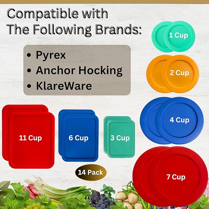 1, 2, 4 & 7 Cup Round & 3, 6, 11 Cup Rectangle Replacement Lids/Covers for Pyrex, Anchor Hocking & KlareWare Storage Bowls *Lids Only -Glass Container Not Included*, 14 Pack *2 of Each Size*