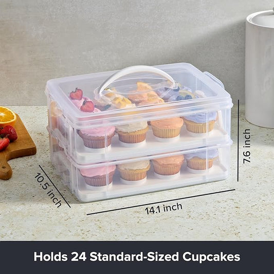 Snapware (2-Layer, 24 Cupcakes Plastic Detachable Cupcake Carrier Storage Container With Lid and Handle, Freezer Dishwasher Microwave Safe