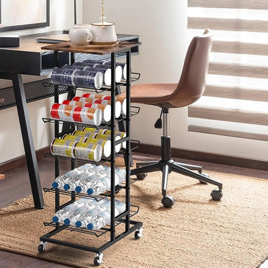Water Bottle Organizer 6 Tier Bottled Water Storage Rack with Wheels Water Bottle Stand Drink Holder Metal Beverage Rack Soda Can Shelf Organizer for Pantry Kitchen Home Office Party, Brown