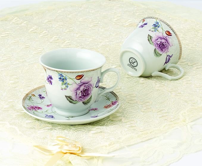 World Gifts Elegant Durable and Colorful Porcelain Tea Cup and Saucer Set with Metal Stand - Purple Flower, 8 oz. Set of 4
