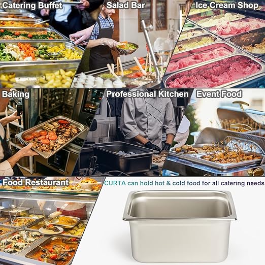 CURTA 6 Pack Anti-Jam Hotel Pans, 1/2 Size 6 Inch Deep, NSF Commercial 18/8 Stainless Steel Chafing Steam Table Pan, Catering Storage Metal Food Pan