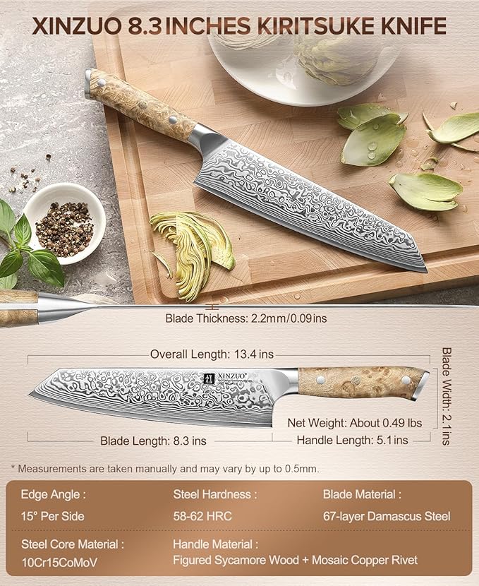 XINZUO Damascus 8.3 Inch Kiritsuke Chef Knife,Hand Forged High Carbon Steel Sharp Kitchen Cutting Knife,Comfortable Ergonomic Full Tang Figured Sycamore Wood Handle