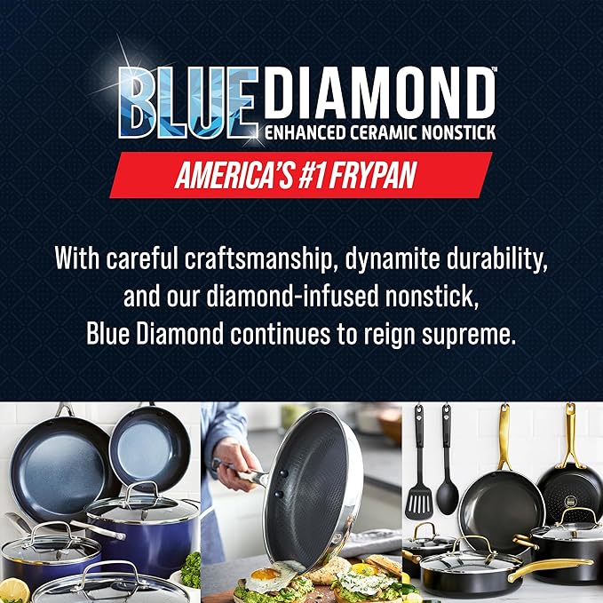 Blue Diamond Hybrid Nonstick Stainless Steel 10” Frying Pan, PFAS-Free Ceramic Diamond Surface Skillet, Diamond Bond Powerful Searing, Dishwasher Safe, Stay-Cool Handle, Induction Ready, All Cooktops