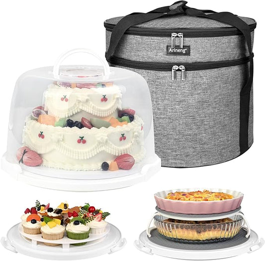 Round Cake Carrier Box with Lid and Handle, Transportation Insulated Bag for Cakes, Cupcakes and Pies, Triple Locking Design for Safe Transportation (Grey, 12 * 12 * 7.9 Inch)