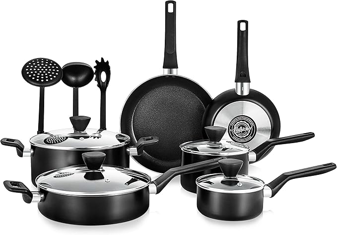 NutriChefKitchen 13-Piece Nonstick Kitchen Cookware Set -PTFE/PFOA/PFOS Free Heat Resistant Kitchen Ware Pots Pan Set w/ Saucepan,Frying Pans,Cooking Pots,Casserole,Lids,Ladle,Fork,Strainer-NCCWA13.5