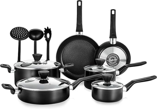 NutriChefKitchen 13-Piece Nonstick Kitchen Cookware Set -PTFE/PFOA/PFOS Free Heat Resistant Kitchen Ware Pots Pan Set w/ Saucepan,Frying Pans,Cooking Pots,Casserole,Lids,Ladle,Fork,Strainer-NCCWA13.5